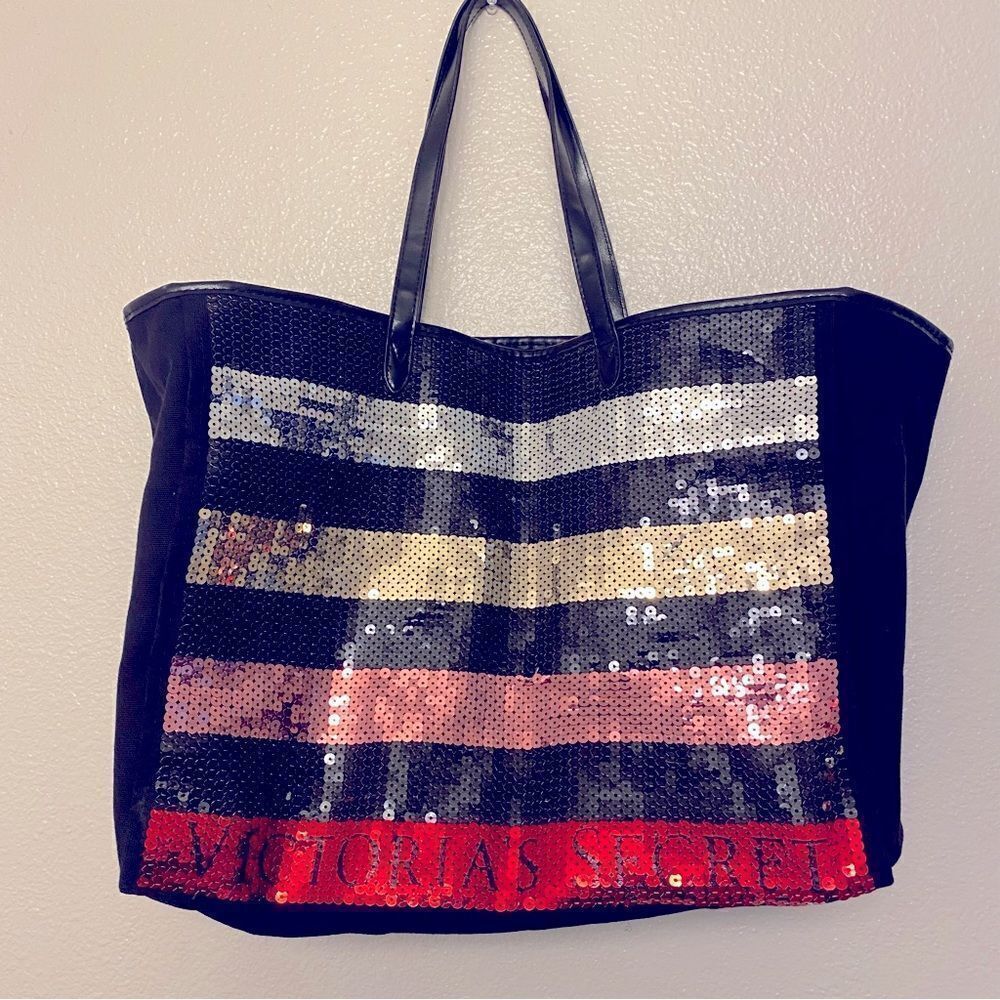 Victoria's Secret Stripe Sequin Carryall Tote beach Bag Black Red Silver Large